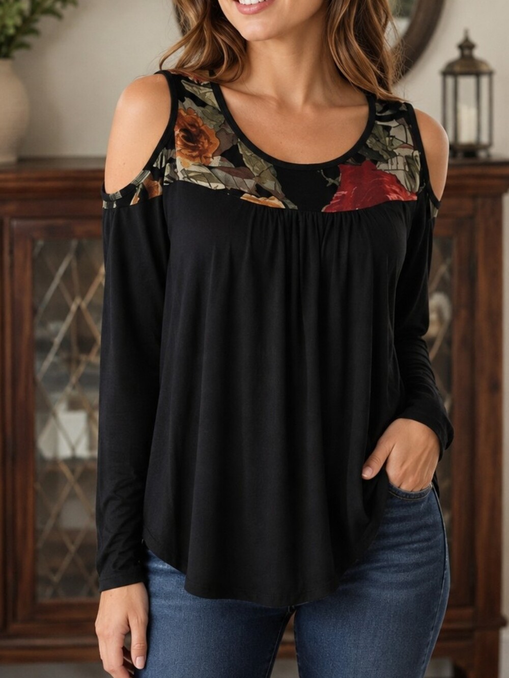 Knapp Studio Cold Shoulder Velvet & Sheer Floral Tunic Top – Size Small
